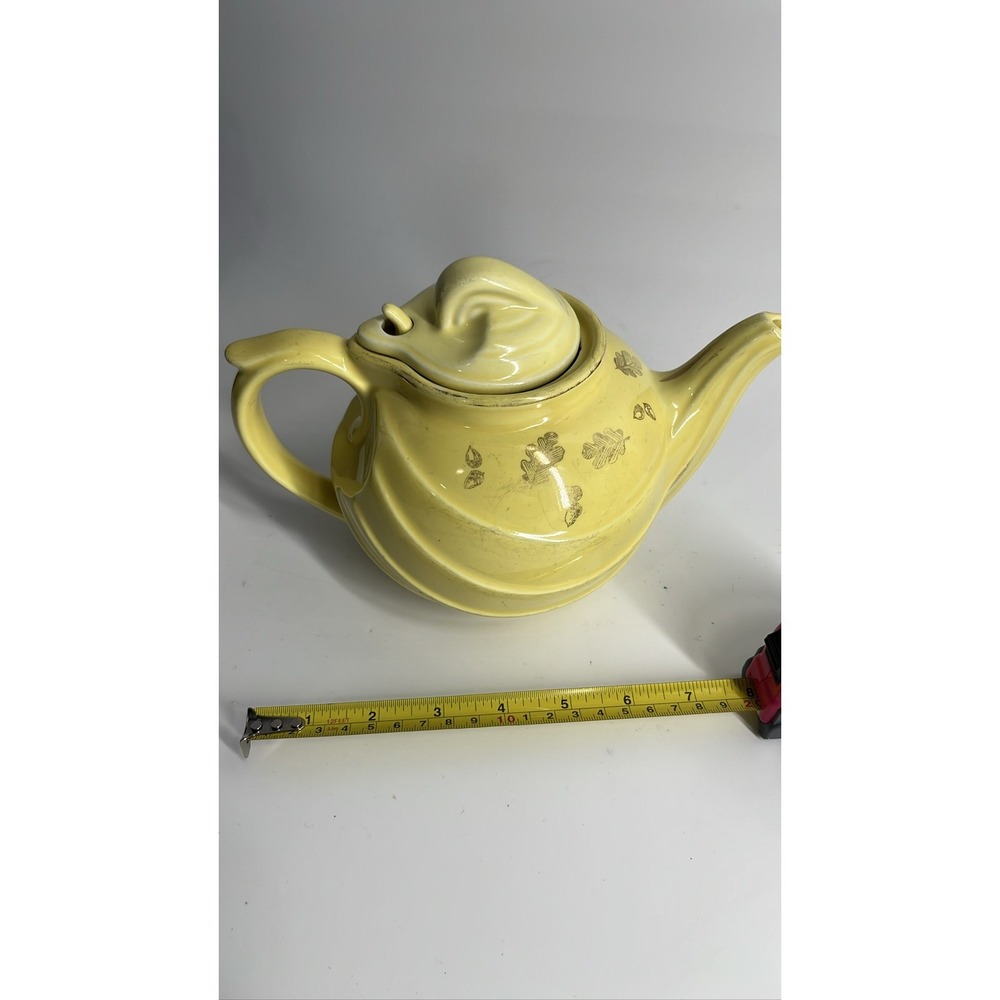 Hall China 6 Cup Yellow Teapot Gold Oak Leaf Hook Lid MCM